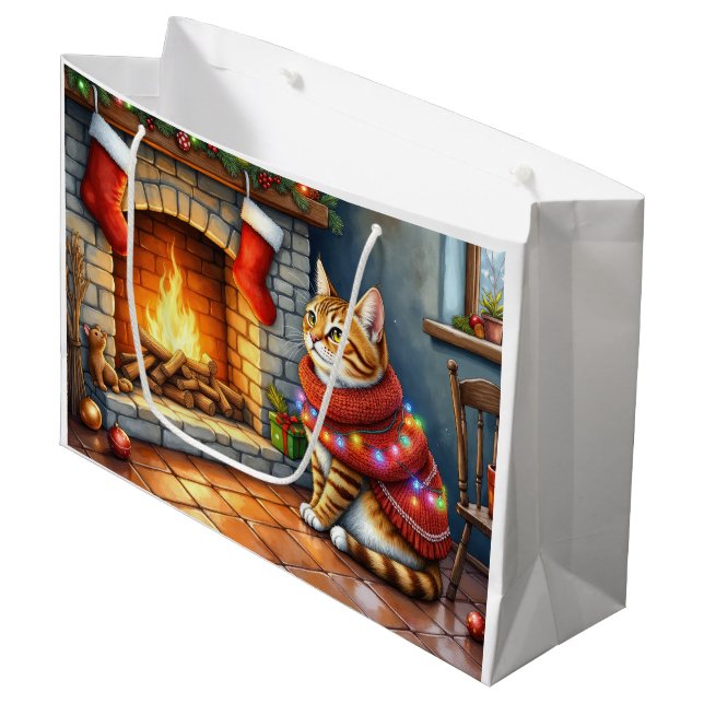 Cozy Abyssinian Cat by Fireplace Christmas Lights Large Gift Bag (Front Angled)