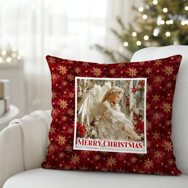 Cozy Angel Poinsettia Red Gold Custom Name Christm Cushion (Cozy Angel Poinsettia Red Gold Custom Name Christmas Pillow

)