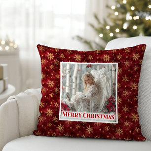 Cozy Angel Poinsettia Red Gold Festive Christmas  Cushion