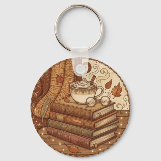 Cozy Autumn Books and Coffee Illustration Key Ring (Front)
