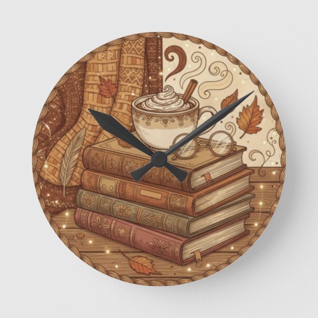 Cozy Autumn Books and Coffee Illustration Round Clock (Front)