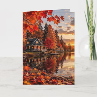 Cozy Autumn Cabin by the Water Fall Season Artwork Holiday Card