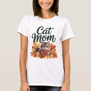 Cozy Autumn Cat Mom T-Shirt Cute Fall Cat with S