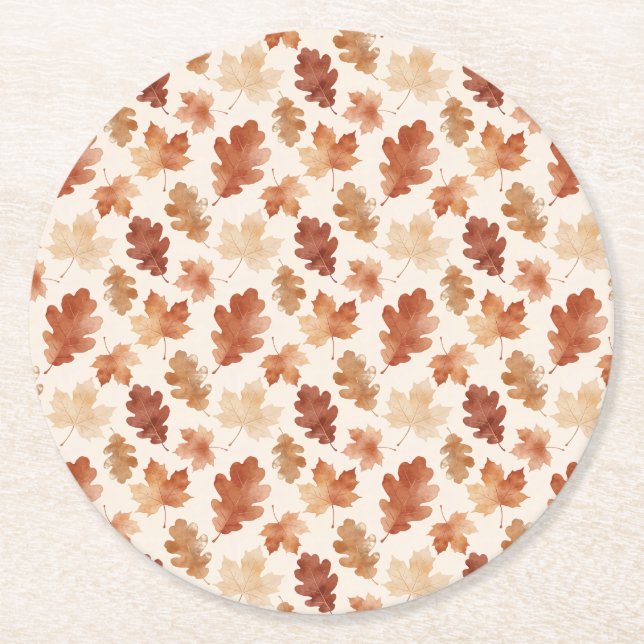 Cozy Autumn Leaf Pattern Round Paper Coaster (Front)