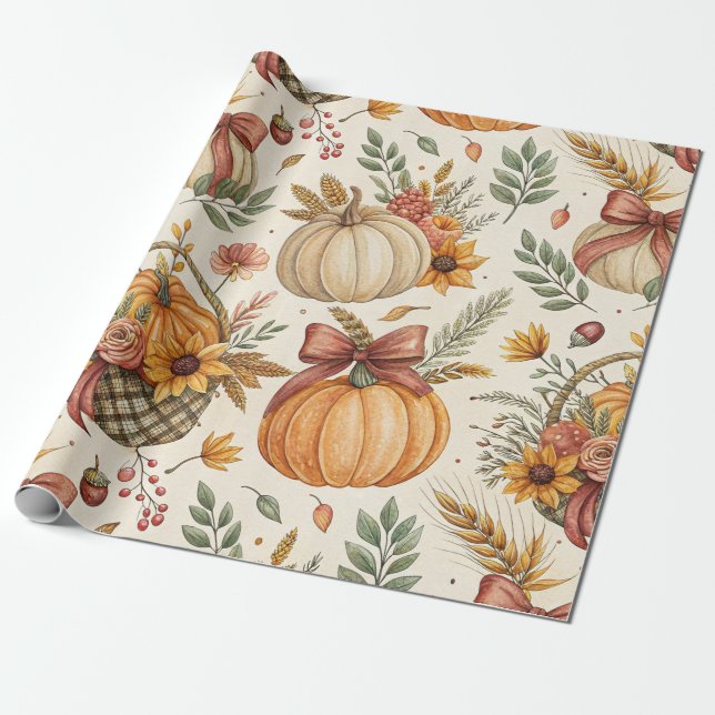 Cozy Autumn Pumpkin and Sunflower Pattern (2) Wrapping Paper (Unrolled)
