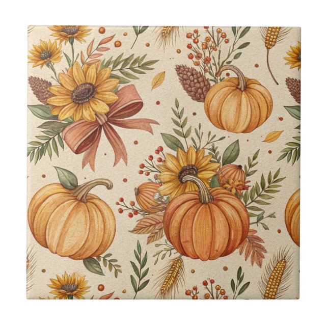 Cozy Autumn Pumpkin and Sunflower Pattern Ceramic Tile (Front)