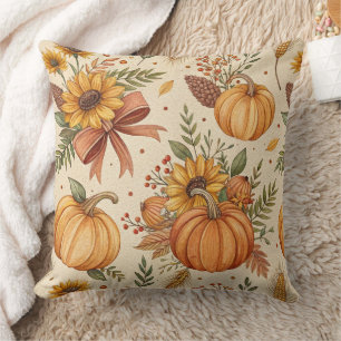 Cozy Autumn Pumpkin and Sunflower Pattern Cushion