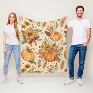 Cozy Autumn Pumpkin and Sunflower Pattern Fleece Blanket