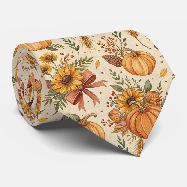 Cozy Autumn Pumpkin and Sunflower Pattern Tie (Rolled)