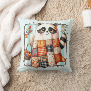 Cozy Autumn Raccoon Patchwork Quilt Cushion