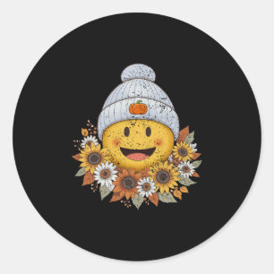 Cozy Autumn Season Boho Floral Fall Smile Face Tha Classic Round Sticker