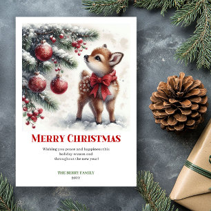 Cozy Baby Fawn Christmas Scene Watercolor Greeting Holiday Card
