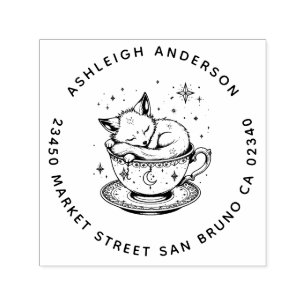 Cozy Baby Fox Snuggled Teacup Moon Stars Address Self-inking Stamp