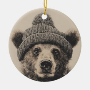Cozy Bear in Beanie - Cute Winter Animal Ceramic Ornament