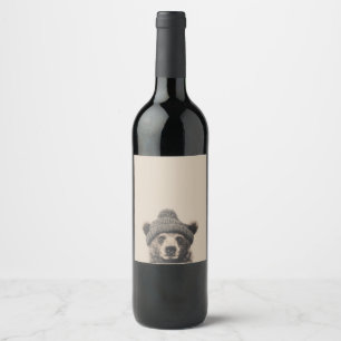 Cozy Bear in Beanie - Cute Winter Animal  Wine Label