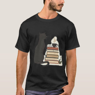 Cozy Black Cat Book Lover Coffee and Reading T-Shirt