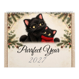 Cozy Black Cat Family 2027 Wall Calendar - Cute 