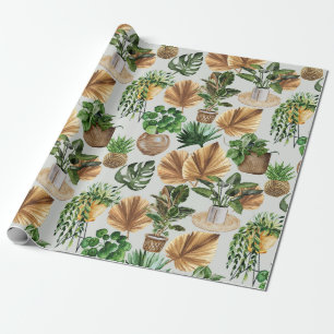 Cozy Boho Watercolor Pattern Indoor House Plants Wrapping Paper