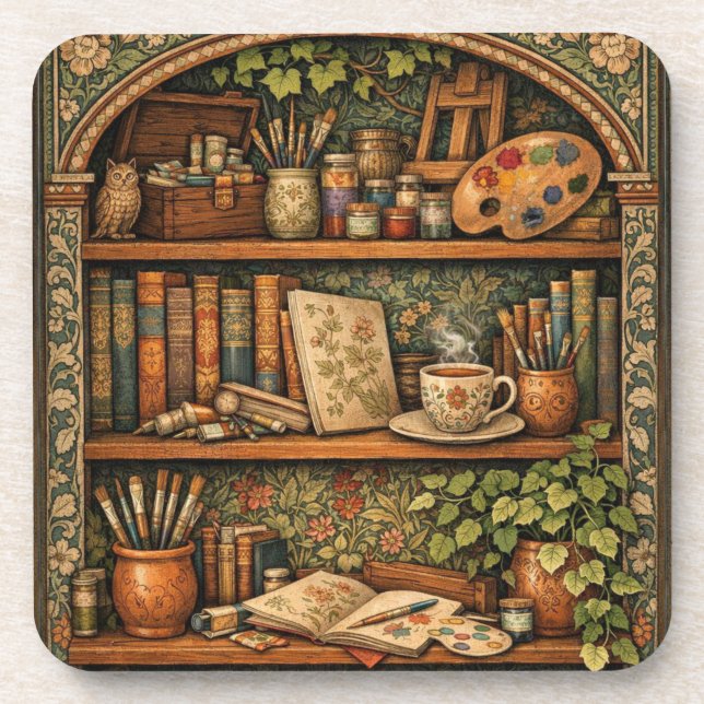 Cozy book shelf books artist supplies coffee coaster (Front)