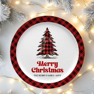 Cozy Buffalo Plaid Christmas Family Name Paper  Plate