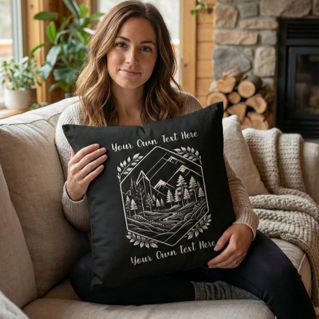 Cozy Cabin Decor River Mountain Your Text Cushion (Cozy Cabin Decor River Mountain Throw Pillow. Great home decor gift for nature lovers!)
