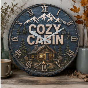 Cozy Cabin Rustic Mountain Log Cabin Lodge Large Clock