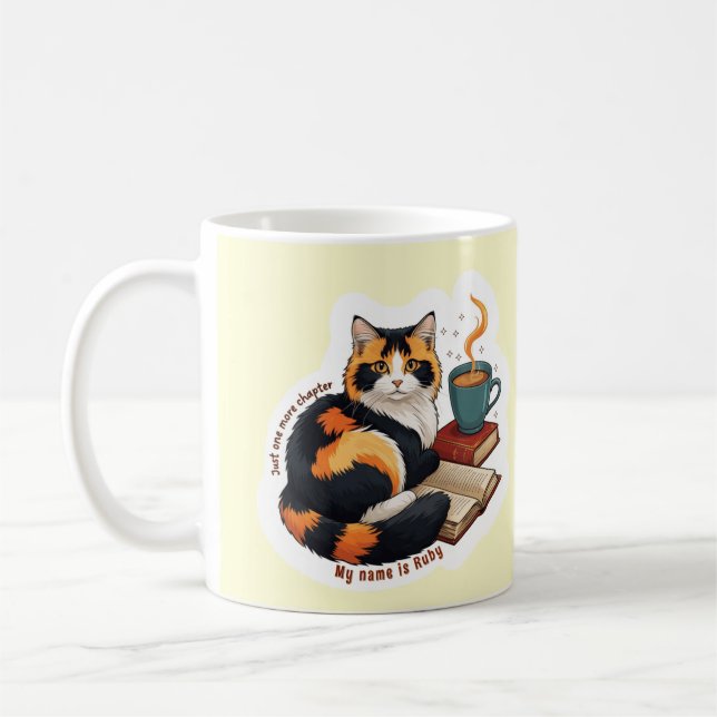 Cozy Calico Cat Personalized Reading Coffee Mug (Left)
