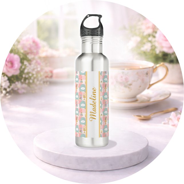 Cozy Cat & Books Pink and Mint Reading Pattern 710 Ml Water Bottle (Creator Uploaded)