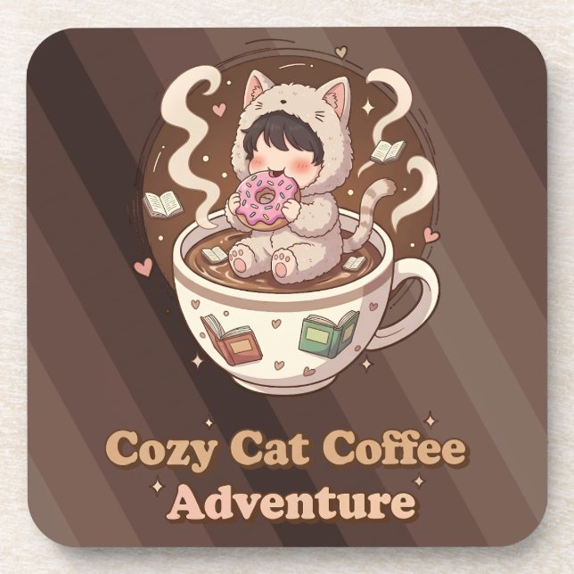 Cozy Cat Coffee Adventure Art Coaster (Front)
