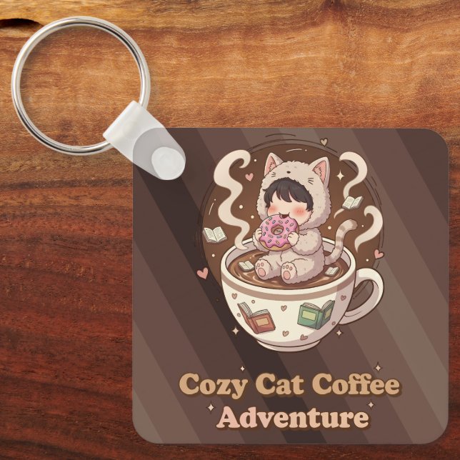 Cozy Cat Coffee Adventure Art Key Ring (Front)