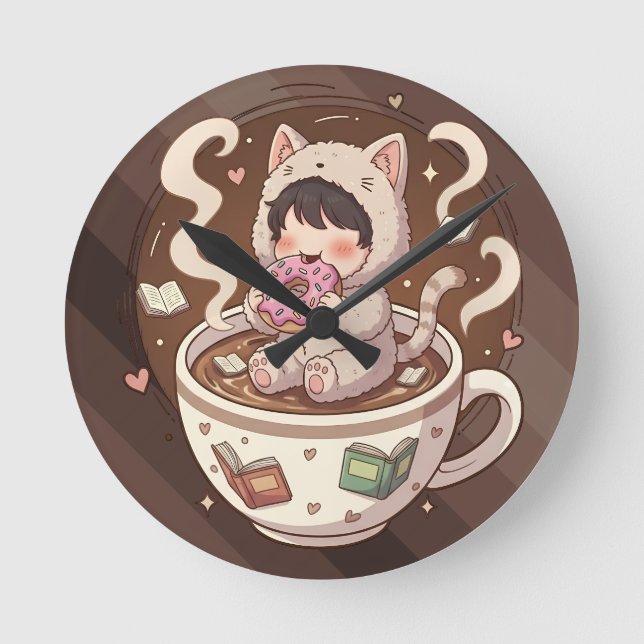 Cozy Cat Coffee Adventure Art Round Clock (Front)
