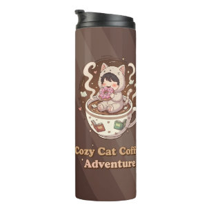 Cozy Cat Coffee Adventure Art Thermal Tumbler