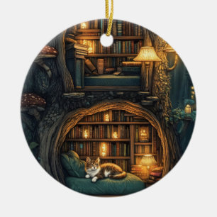 Cozy Cat in a Magical Treehouse Library Ceramic Ornament