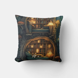 Cozy Cat in a Magical Treehouse Library Cushion