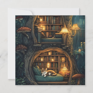 Cozy Cat in a Magical Treehouse Library Holiday Card