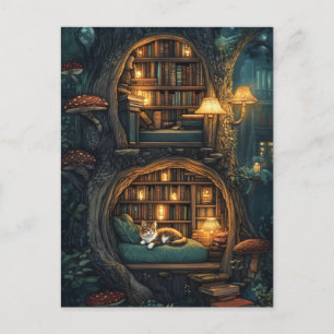 Cozy Cat in a Magical Treehouse Library Holiday Postcard