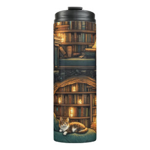 Cozy Cat in a Magical Treehouse Library Thermal Tumbler