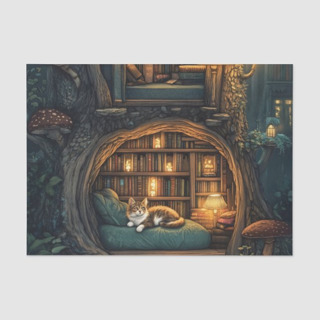 Cozy Cat in a Magical Treehouse Library Tissue Paper (Front)
