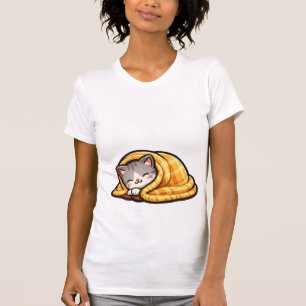 Cozy Cat in Blanket Cute Kawaii Sleeping Kitten  T-Shirt