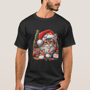 Cozy Cat in Christmas Lights, Santa Hat T-Shirt