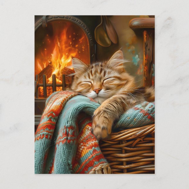 Cozy Cat Sleeping in Basket by Warm Fireplace Postcard (Front)
