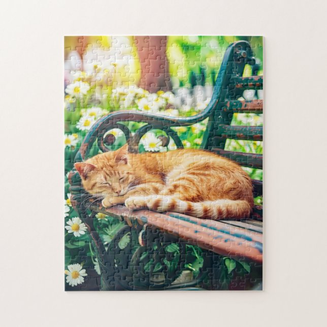 Cozy Cat Sleeping in Garden on Bench Jigsaw Puzzle (Vertical)