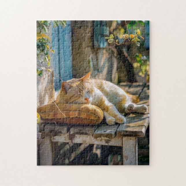 Cozy Cat Sleeping in Garden on Bench Jigsaw Puzzle (Vertical)
