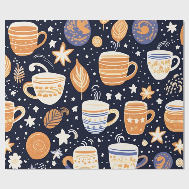 Cozy Celestial Coffee Mugs & Tea Cups Repeating  Wrapping Paper (Flat)