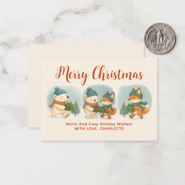 Cozy Christmas Animals Adorable Holiday Note Card (Front/Back In Situ)