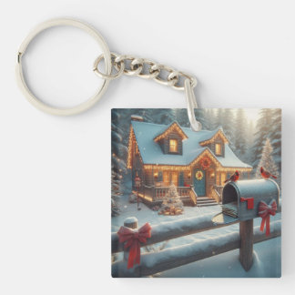 Cozy Christmas Cabin Winter Wonderland Key Ring