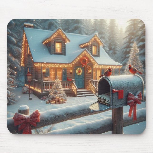 Cozy Christmas Cabin Winter Wonderland Mouse Pad (Front)