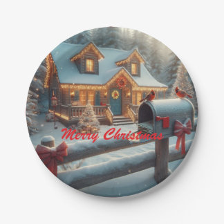 Cozy Christmas Cabin Winter Wonderland Paper Plate