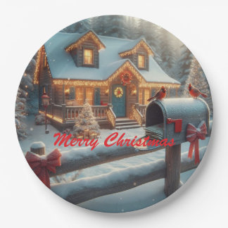 Cozy Christmas Cabin Winter Wonderland Paper Plate