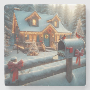 Cozy Christmas Cabin Winter Wonderland Stone Coaster